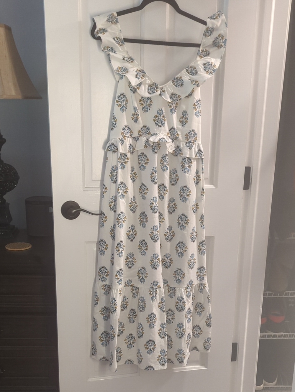 J. Crew White Maxi Dress with Blue and Gold Floral Print